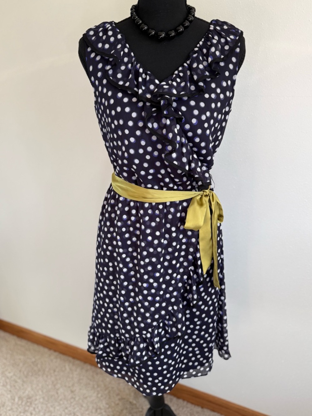 The Limited Navy Polka Dot Ruffle Dress Sleeveless Belted Size 0